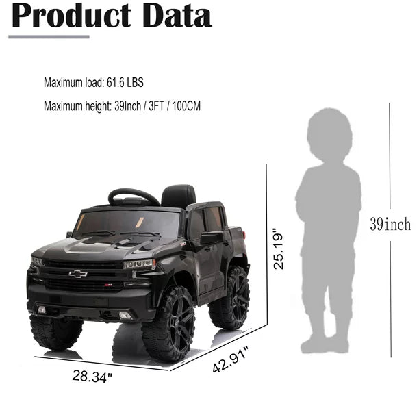 Licensed Chevrolet Silverado Kids Ride on Toys, 12V Ride on Car w/Remote Control, Battery Powered Pickup Truck Ride on w/Spring Suspension, LED Light, Music, Safety Belt, Black, D496