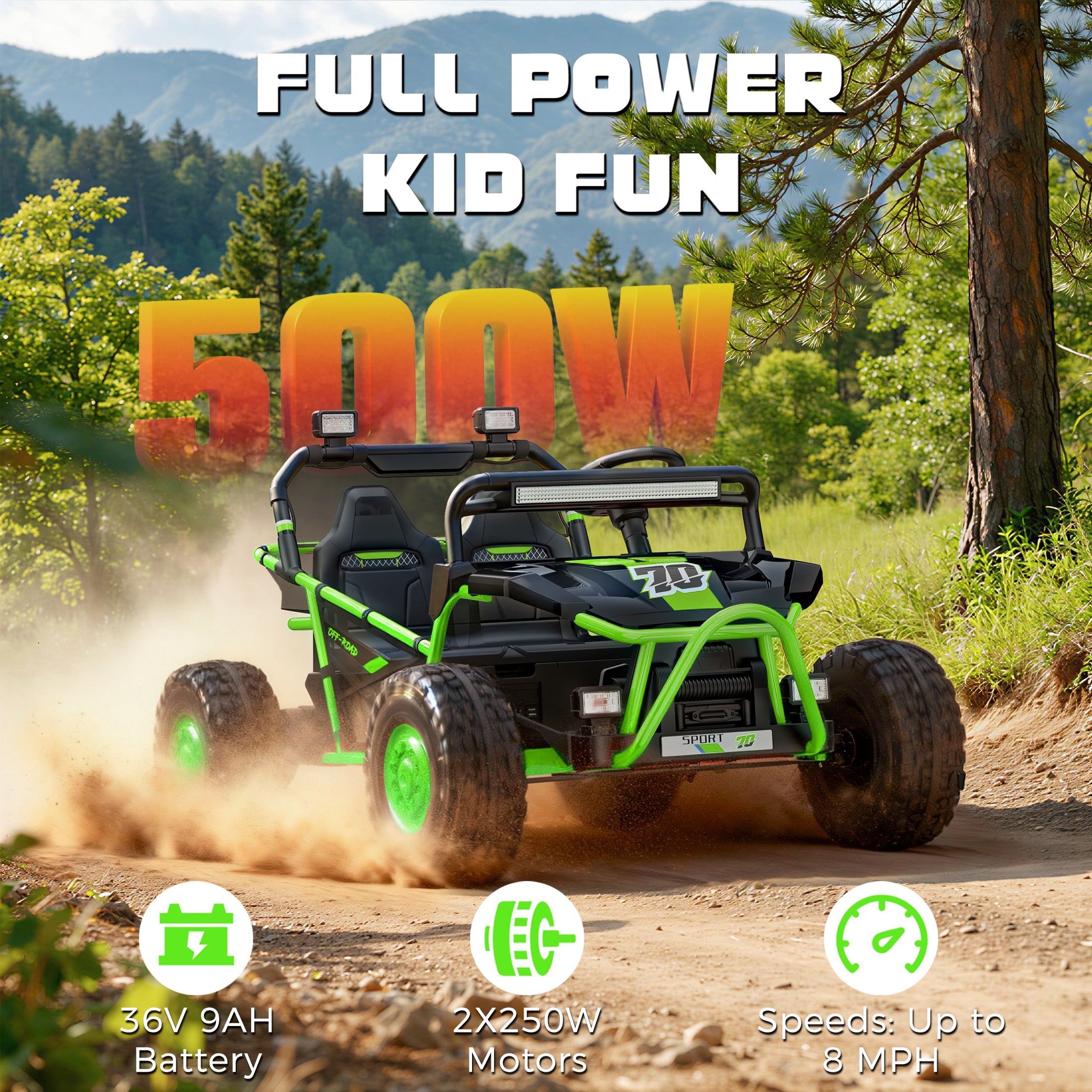 iYofe 36V Electric Ride on Car for Big Kids, Powered Ride on UTV Toys for Boys Girls Ages 6+, Kids Electric Vehicle with Bluetooth, Music, 4 Wheels Spring Suspension, without Remote Control, Green