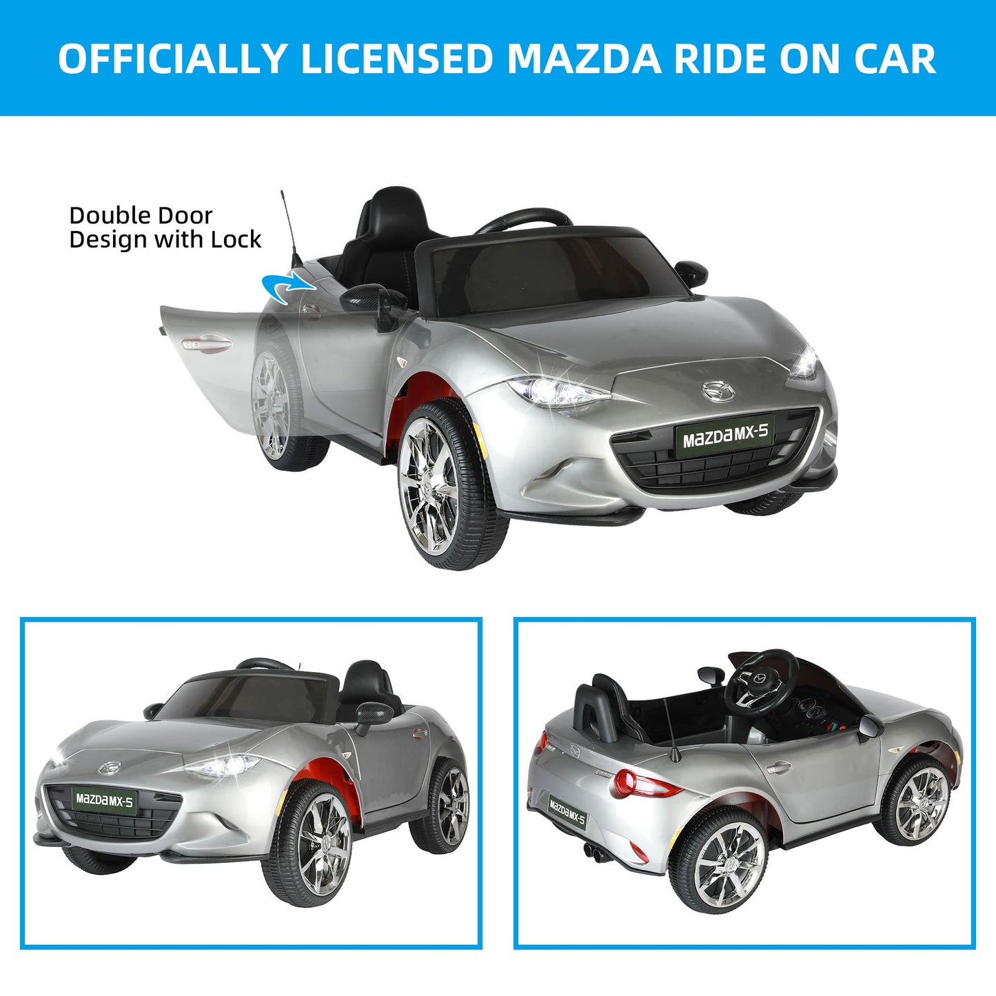 12V Ride on Cars for Kids, Licensed MAZDA MX-5 RF Battery Powered Ride on Toys with Remote Control MP3, Bluetooth, LED Light, Resistant Wheels Electric Cars for Kids Boys Girls 3-6 Ages Gifts