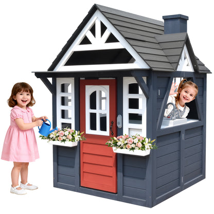 iYofe Outdoor Playhouse, Wooden Playhouse for Kids Play House with Front Door, Flower Pot Holders, Stove, Sink, Doorbell, Windows, Indoor Outdoor Kids Play Equipment Gift for Ages 2+, Black+Blue