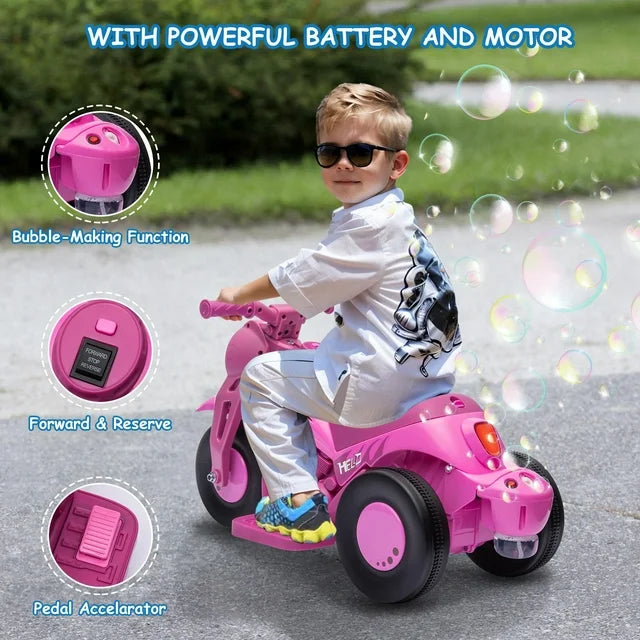 6V Kids Ride on Motorcycle, Battery Power Ride on Toy with Bubble Maker, LED Light, Music, Foot Pedal, Forward/Backward, Toddler Motorcycle for Boys Girls, Pink