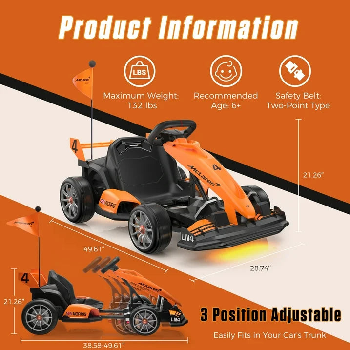 Mclaren Electric Go Kart, 400W Powered Powerful Ride on Cars with Tires, Drift/Sports Mode, Brake Pedal, Length Adjustment, Seat Belt, Rear Wheel Drive Electric Car for Kids Ages 6+ Years