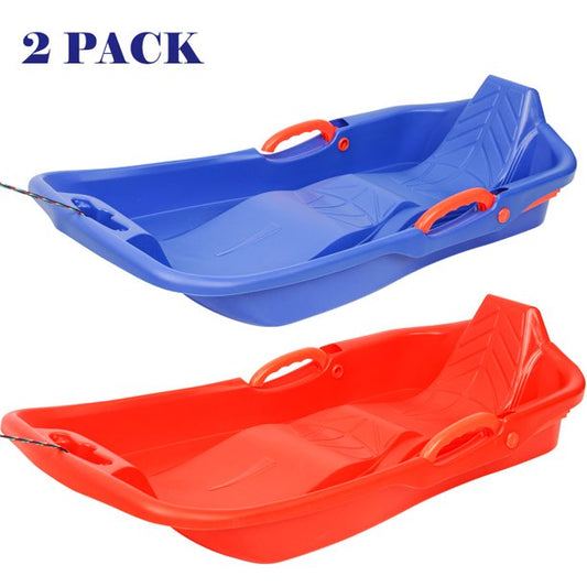 iYofe Sled Set of 2, Snow Sleds with Brake, Pull Rope and Backrest, 35"L x 18"W x 8"H Plastic Sled for One Rider, Outdoor Toy for Ages 3+, Holds Up 200 lbs, Blue & Orange