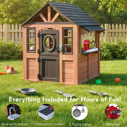 iYofe Outdoor Playhouse, Wooden Kids Playhouse with Play Kitchen, Working Doorbell, Bird Cage, Pet Door, Outdoor Kids Play Equipment Gift for Ages 2+, Brown