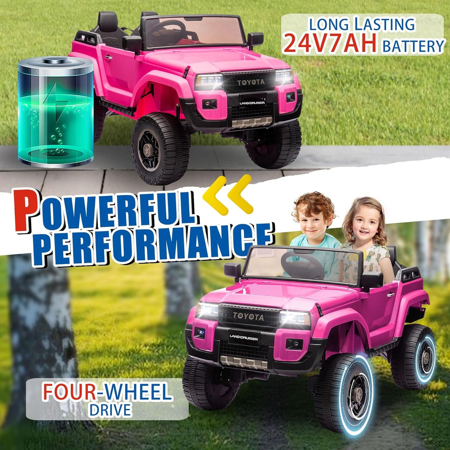 24V 2 Seater Ride on Cars, Licensed Toyota LC250 Powered Ride on Toy Truck with Remote Control, Kids Cars Electric Vehicles for Kids 3-8 Gifts with Bluetooth/Music/USB Ports/Shovel, 4 Wheelers, Pink