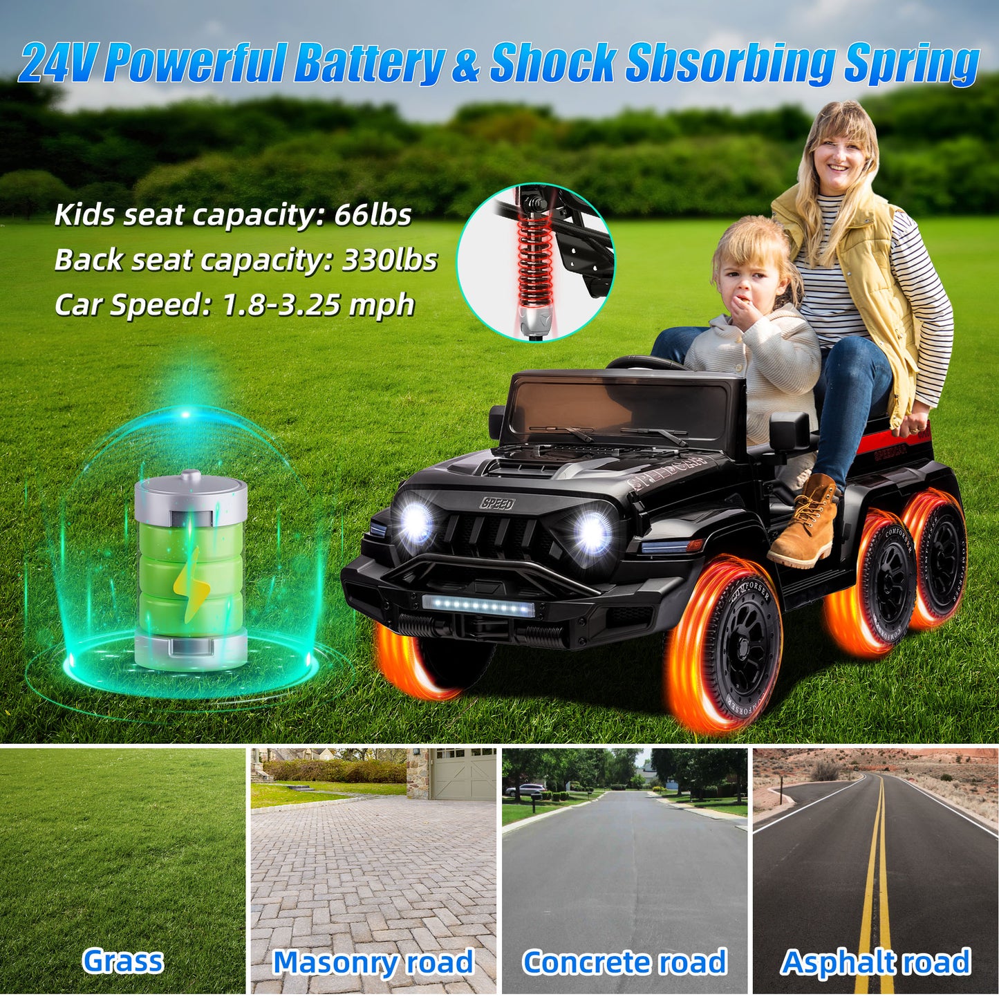 24V 2 Seats Ride on Car with Remote Control Ride on Toy for Boys and Girls 3-6 Years Old Electric Vehicle for Kids Ride on Truck, Bluetooth, Swing Mode