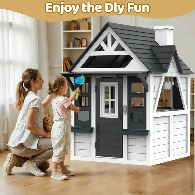 Outdoor Playhouse for Kids Ages 4-8, Wooden Play House with Front Door, Doorbell, Flower Pot Holders, Stove, Sink, Cookware, Windows, Indoor Outdoor Kids Play Equipment Gift for Boys & Girls