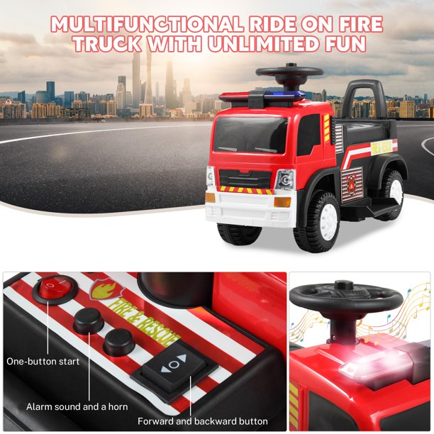 iYofe Kids 6V Ride on Car, Battery Powered Ride on Fire Truck with LED Lights, Music, Alarm sound and Horn, Electric Ride on Toy for 2-4 Years Old Boys Girls, Red & Black