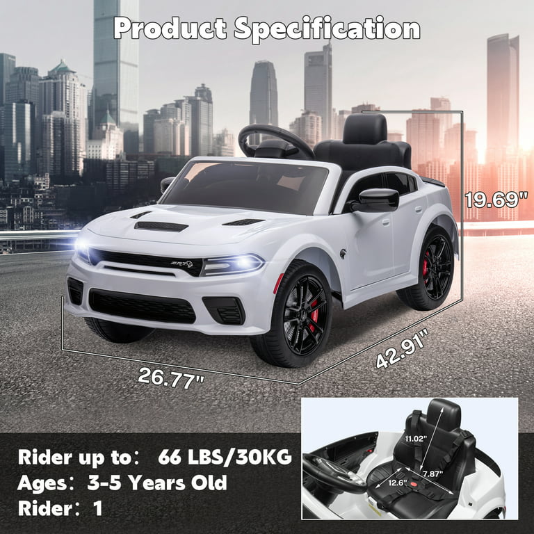 Ride on Cars, 12 V Licensed Dodge Charger Battery Powered Ride On Toys with Remote Control, MP3 Player, LED Headlights, Safety Belt, 4 Wheeler, Electric Car for Kids 3-5 Boys Girls, White