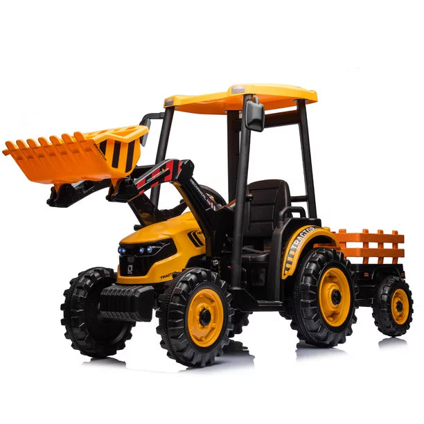 iYofe Ride on Tractor Cars, 24V Battery Powered Electric Vehicle with Trailer & Digger, 3 speed Loader, Treaded Tires, LED Lights, Audio, Safety Belt, Kids Ride on Toy for Boys 3-12 Years Old