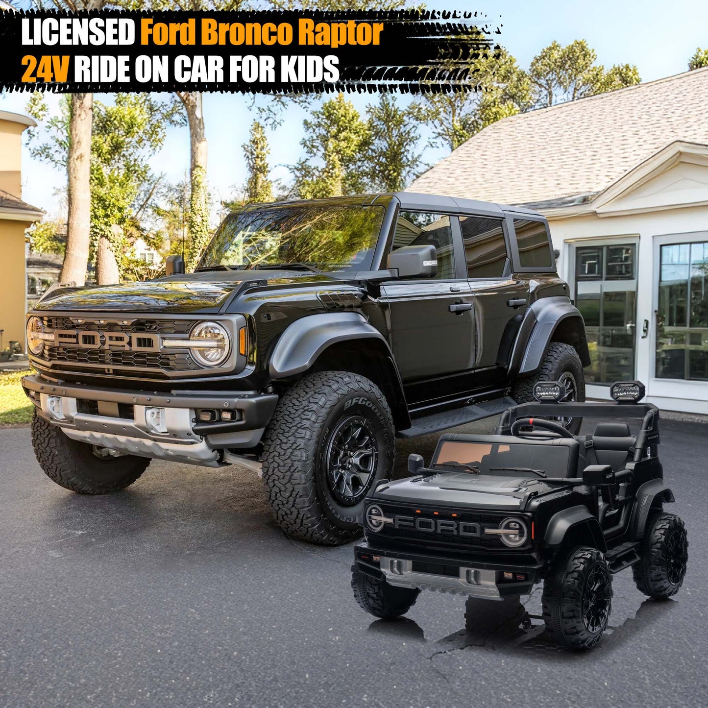 24V 2 Seater Ride on Cars, Licensed Ford Bronco Raptor Ride on Truck Toy with Remote Control, Powered Kids Car Electric Vehicles with Bluetooth/Music Player/LED Light/4 Wheel Spring Suspension, Black