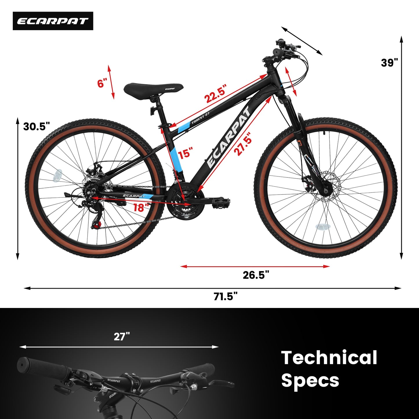 27 inch Mountain Bike for Adults, 21 Speed Mountain Bike w/ Disc Brakes, Commuter Bike, Trail Bike, City Bike for Men Women, Aluminum Frame, Suit for 5'4"-6'2", 85% assembled