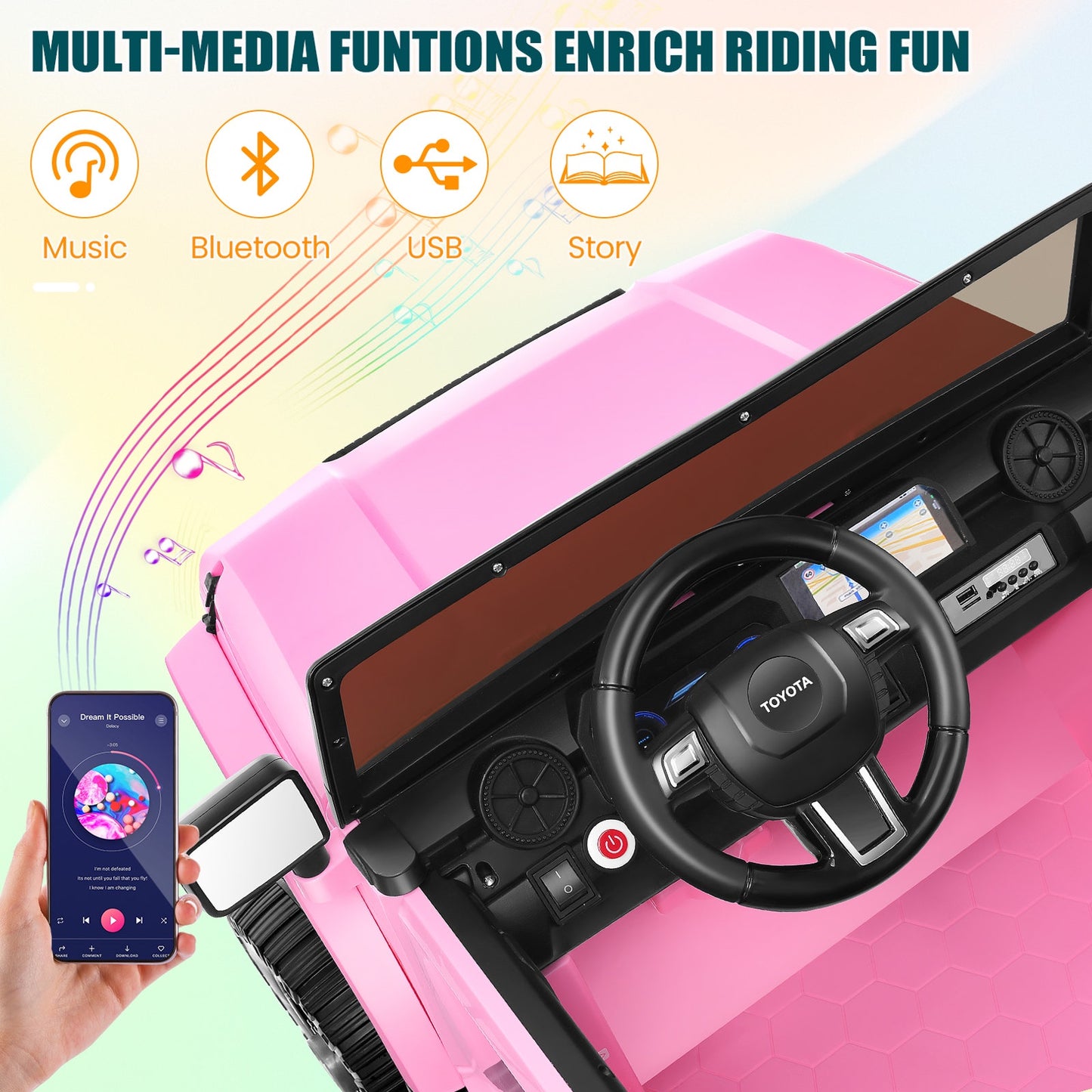 24V 2 Seater Ride on Cars, Licensed Toyota LC250 Powered Ride on Toy Truck with Remote Control, Kids Cars Electric Vehicles for Kids 3-8 Gifts with Bluetooth/Music/USB Ports/Shovel, 4 Wheelers, Pink