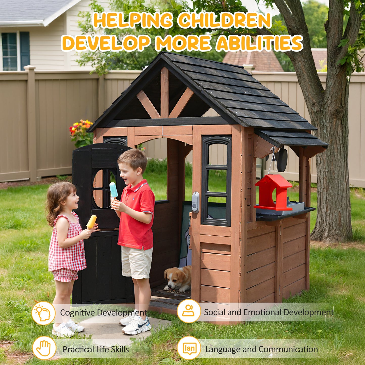 iYofe Outdoor Playhouse, Wooden Kids Playhouse with Play Kitchen, Working Doorbell, Bird Cage, Pet Door, Outdoor Kids Play Equipment Gift for Ages 2+, Brown