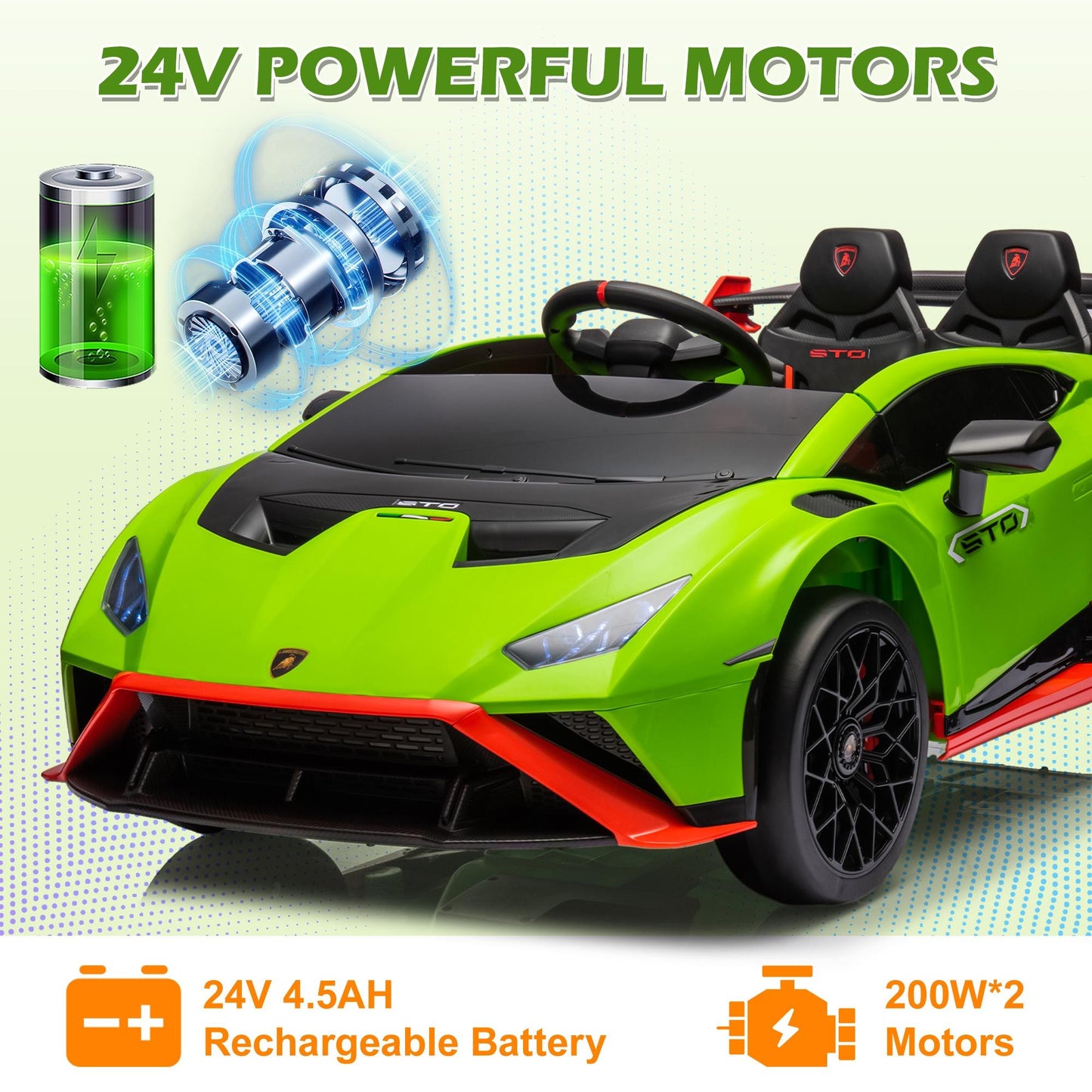 Green 24V Lamborghini Ride on Cars with Remote Control, Battery Powered Kids Ride on Toys for Boys Girls 3-8 Ages, 4 Wheels Electric Cars for Kids with Bluetooth/Music/USB Port/LED Lights