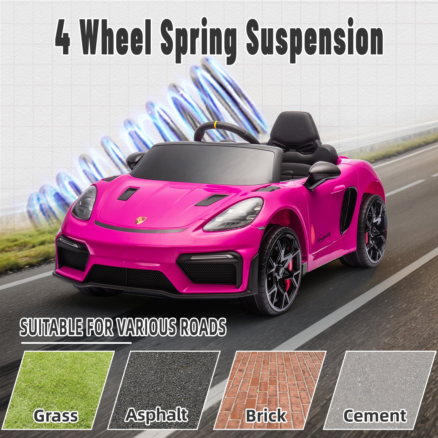 Porsche 718 12V Powered Ride on Toys, Kids Ride on Cars Sports Car with Remote Control, 4 Wheel Suspension, Bluetooth, Music, LED, Safety Belts, Electric Car for Toddler 3-6 Yr Boys Girls Gifts, Pink