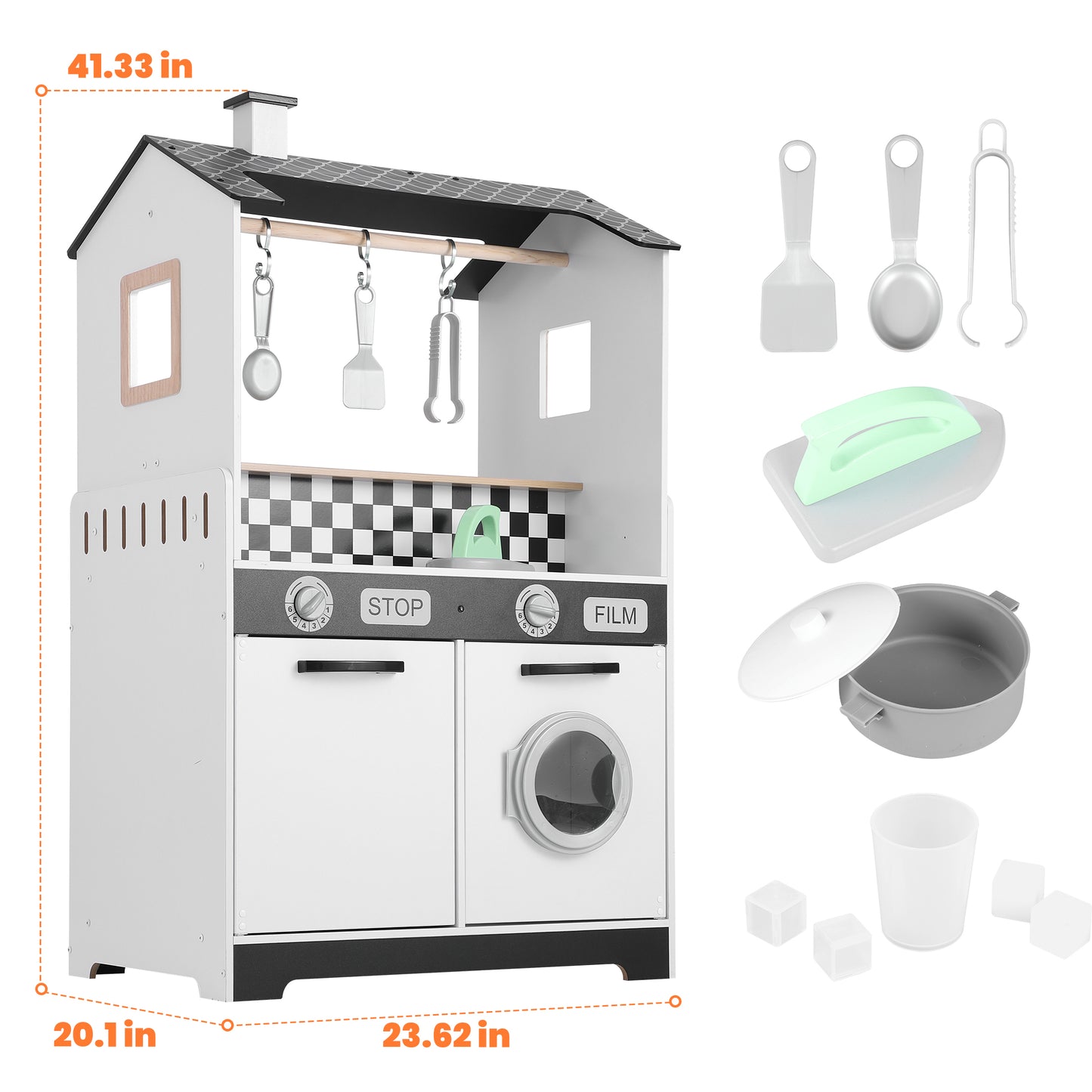 iYofe Wooden Play Kitchen for Toddlers 3-5, 2-in-1 Kids Kitchen & Laundry Playset, Montessori Toys with Realistic Cooking & Pretend Play Accessories, Learning Toys Gift for Girls & Boys