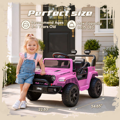 iYofe 12V Ride On Cars for Kids, Licensed Jeep Rubicon Powered Electric Car w/Dual Wheels Suspension, Parent Remote Control, Lights, Music, Ride On Toys for Boys Girls Age 3+, Pink