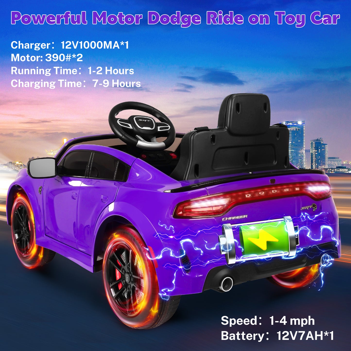 Dodge Electric Ride on Cars for Kids, 12V Licensed Dodge Charger SRT Powered Ride On Toys Cars with Parent Remote Control, Electric Car for Girls 3-5 w/Music Player/LED Headlights/Safety Belt, Purple