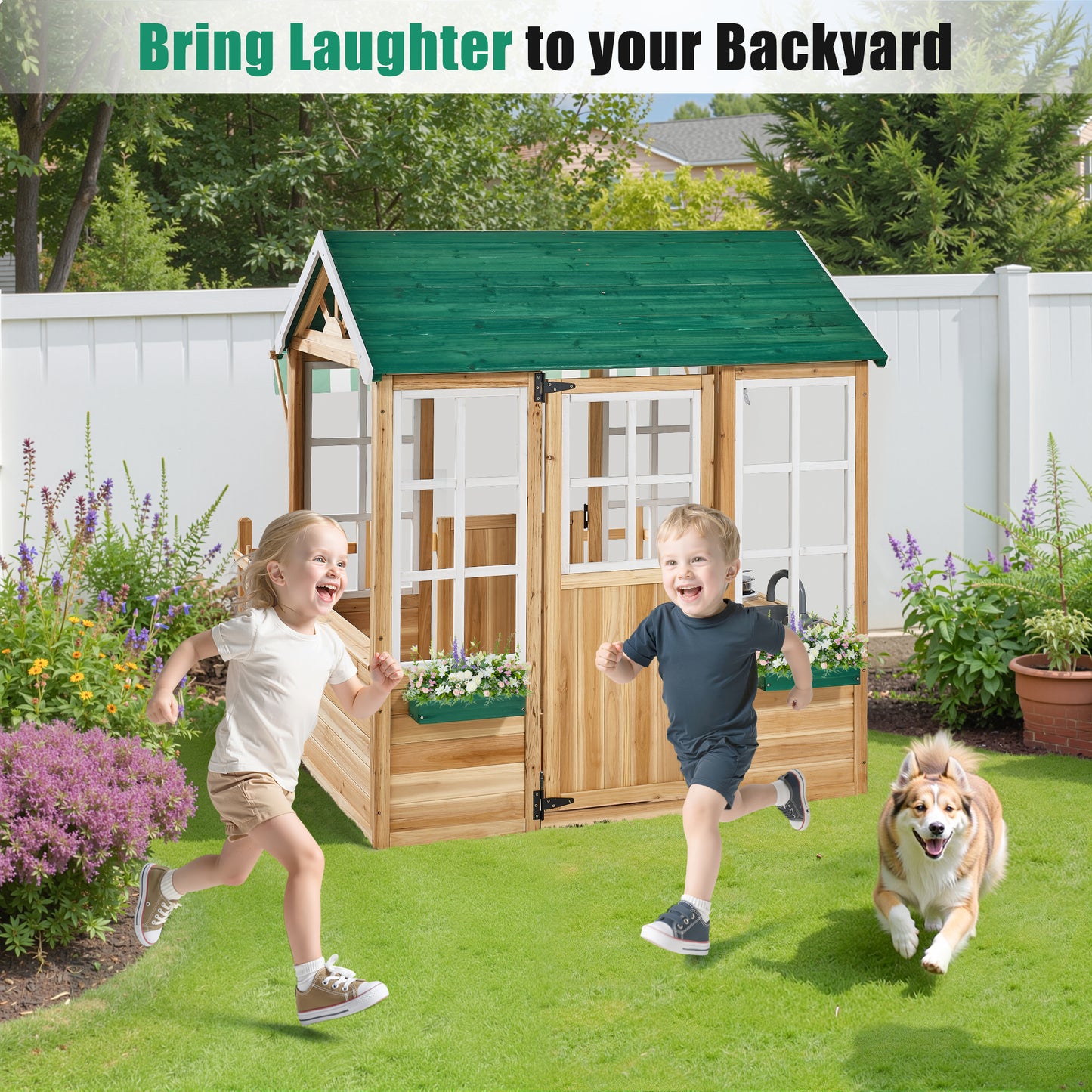 iYofe Outdoor Playhouse, Wooden Play Houses for Toddlers 1-3, Outside Playhouse with KitchenToyset, Flowerpot Holders, Fence (49.5"x62.3"x52.8")