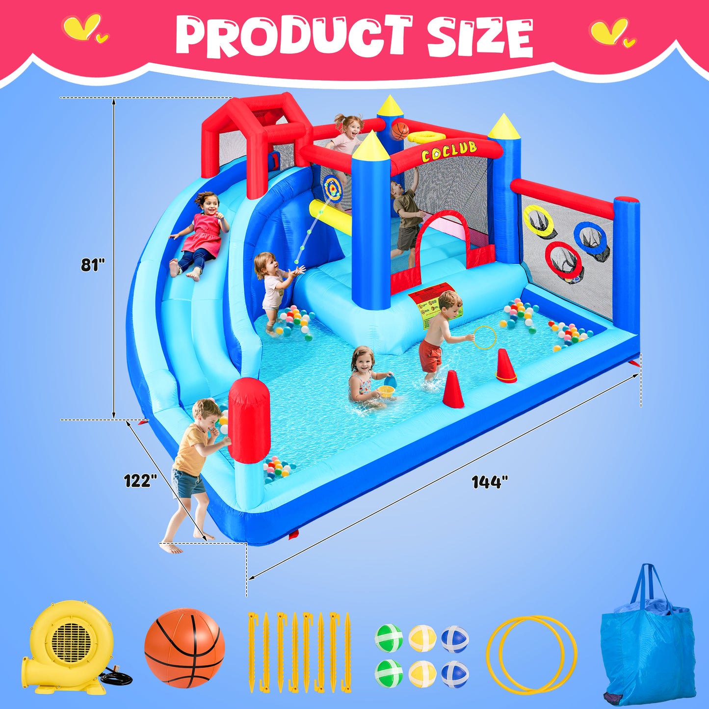 Bounce House with Blower, Outdoor Bounce Castle with Slide/Basketball Hoop/Ball Pit/Ring-toss Game/Pitching Game, Jump House for Kids Toddlers Ages 3-12