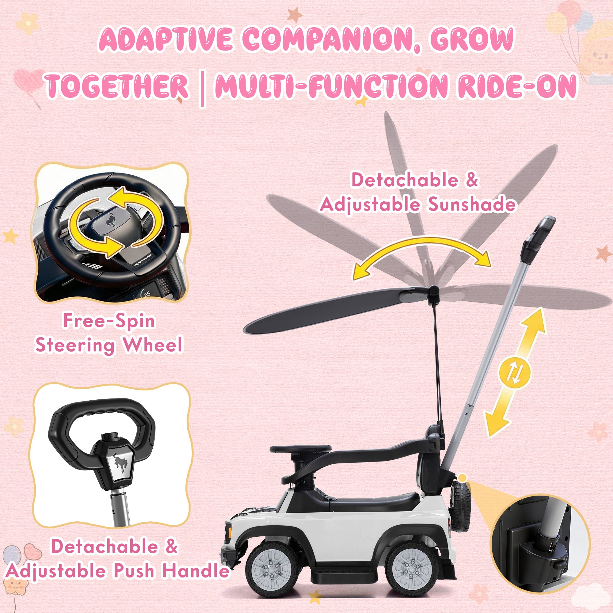 iYofe 3 In 1 Push Cars for Kids, Licensed Ford Bronco Ride On Toys w/Adjustable Handle, Canopy, Armrest Guardrail, Horn, Silent Wheels, Boys Girls Ride On Car for Toddlers Ages 18-36 Month