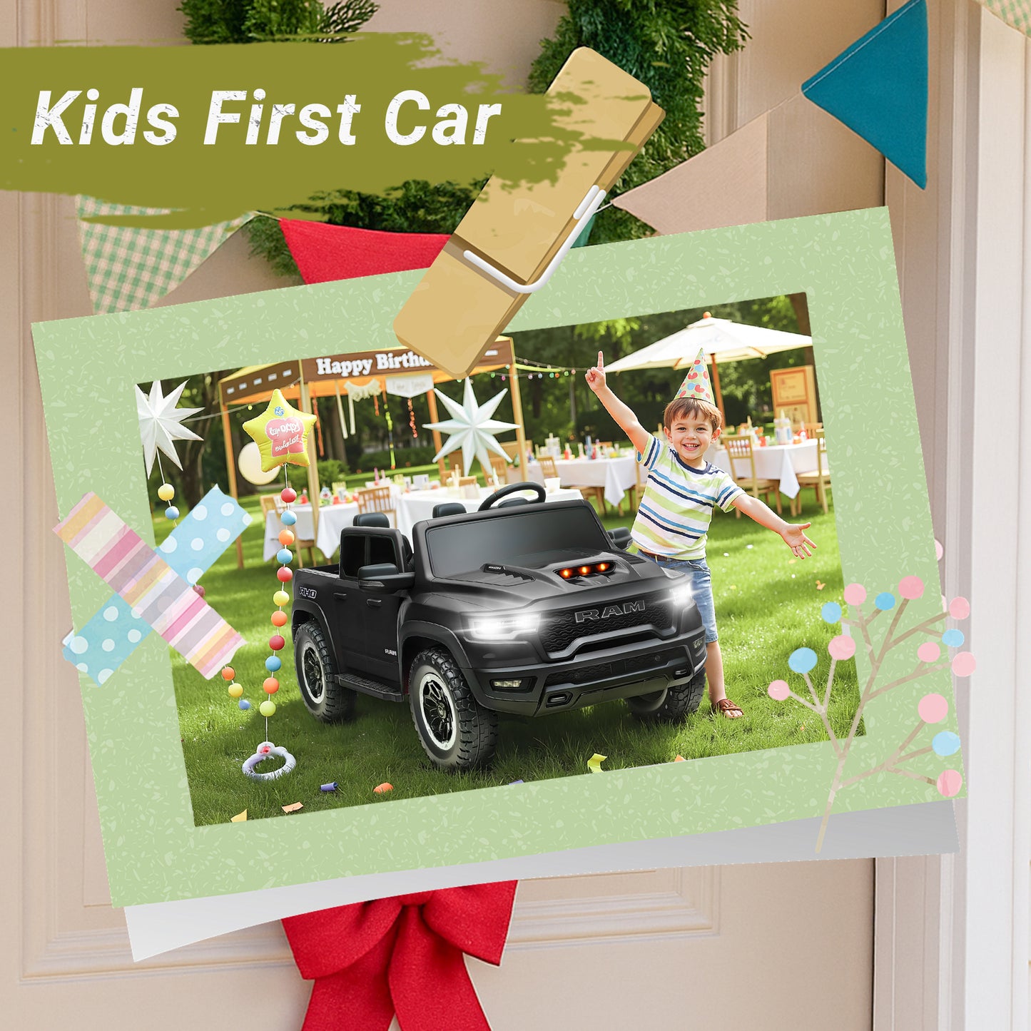 Ram Ride on Car Toys 2 Seater, 24V Ram 1500 Battery Powered Ride on Toy Truck with Remote Control, Electric Car for Kids Girls 3-8 w/ Bluetooth, Rear Storage Trunk, Safety Belt, 4 Wheelers