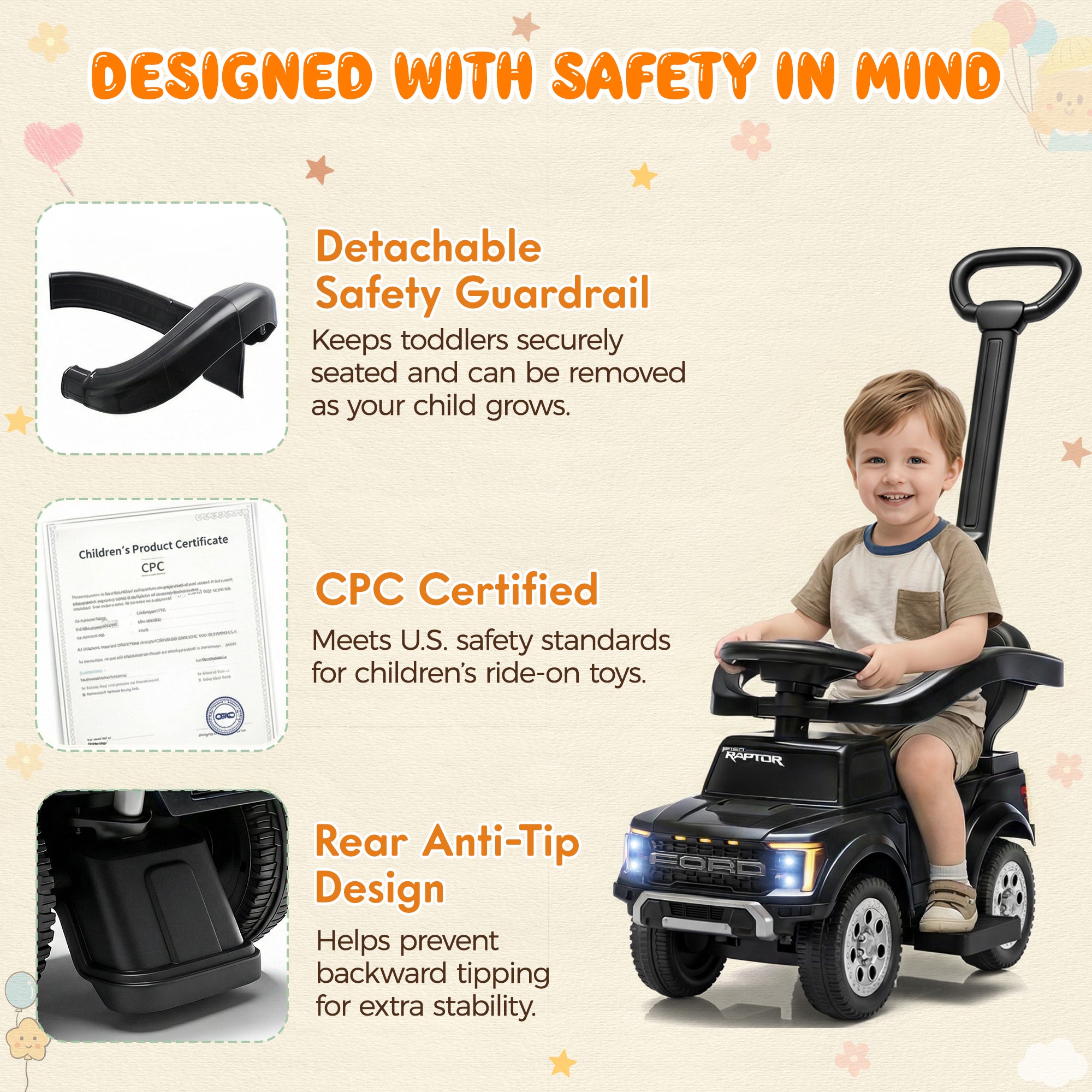 iYofe 3 In 1 Push Cars for Kids, Licensed Ford F-150 Kids Ride On Toys with Removable Parental Handle and Safety Rail, Horn, LED Lights, Ride On Car for Toddler Ages 18-36 Months, Black