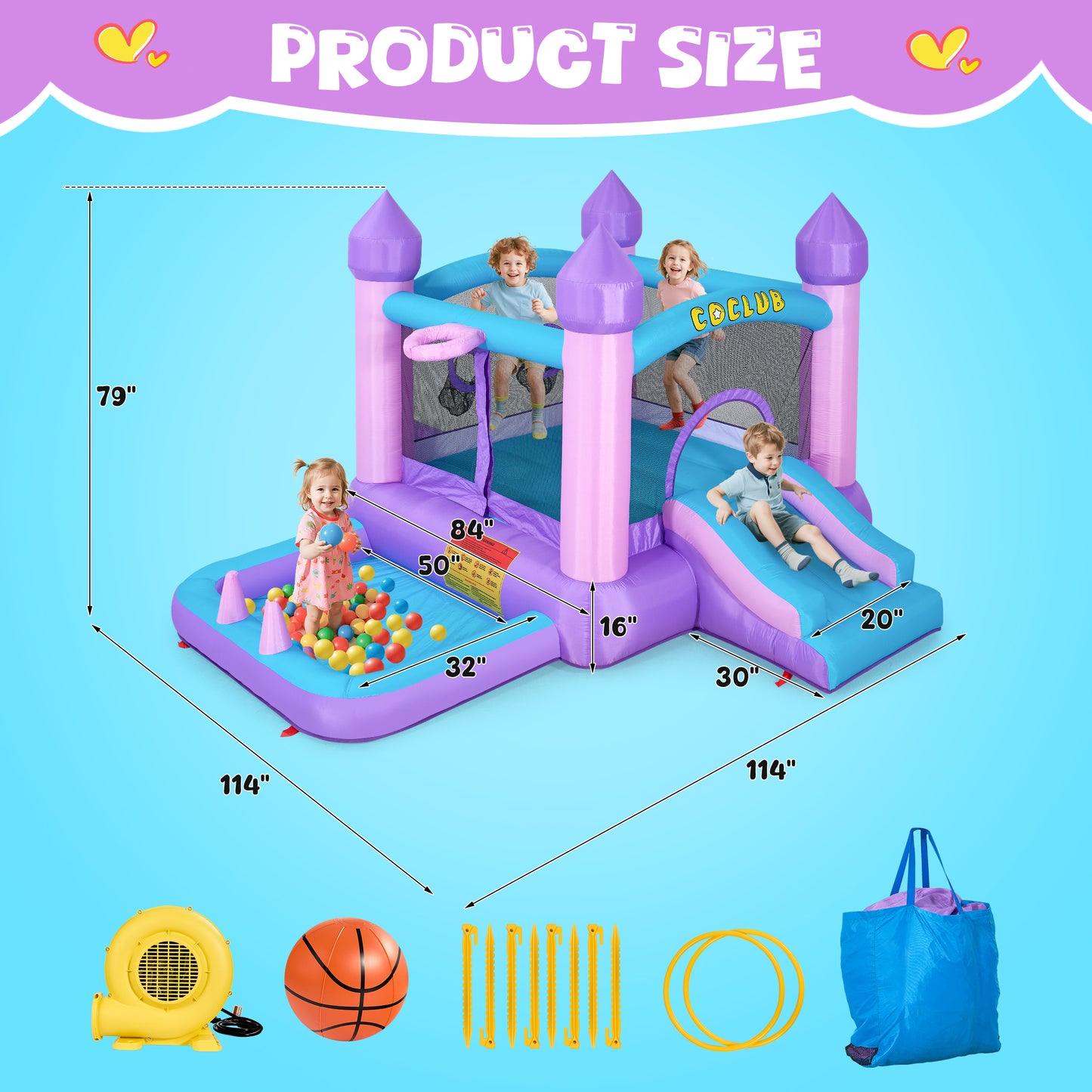 Bounce House with Blower, Outdoor Bounce Castle with Slide/Basketball Hoop/Ball Pit/Ring-toss Game/Pitching Game, Jump House for Kids Toddlers Ages 3-12