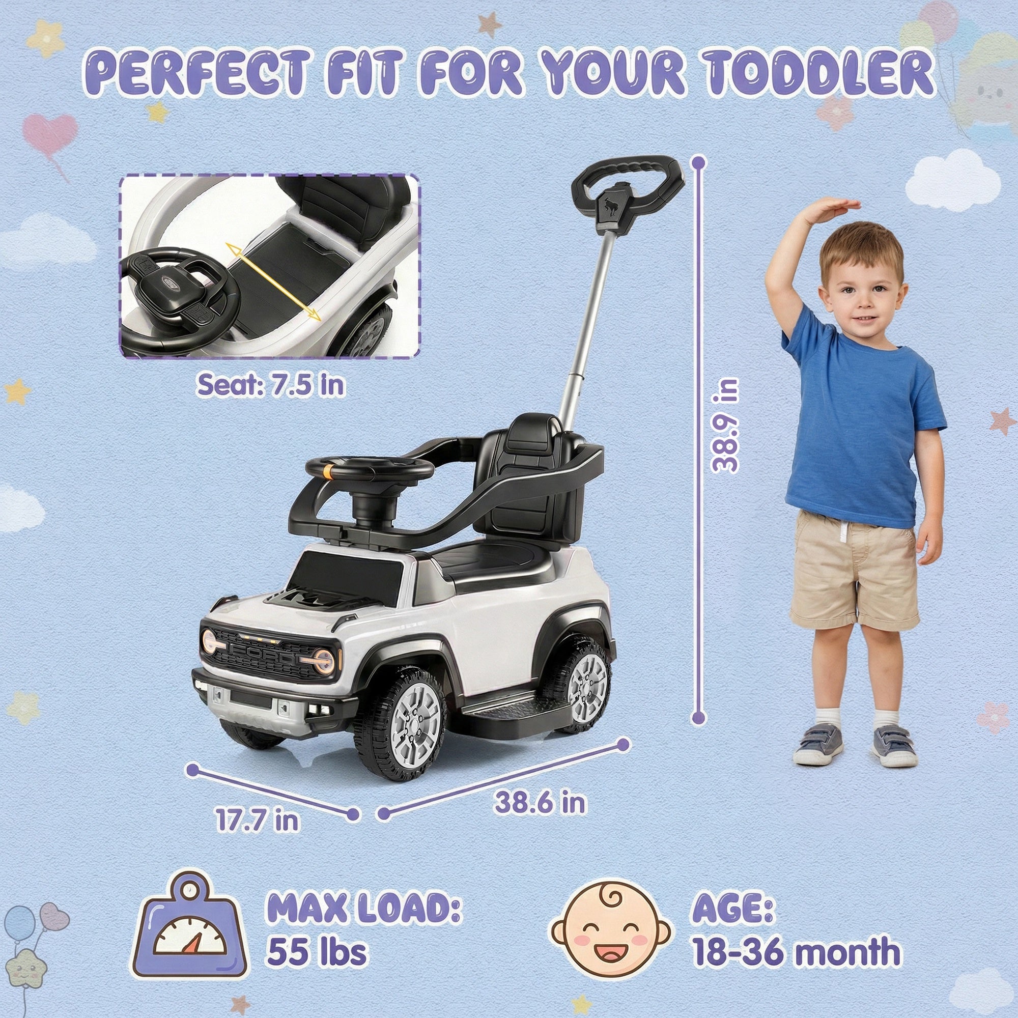 iYofe Kids Ride on Push Car, Licensed Ford Bronco Raptor Toddlers Ride on Toys with Horn, Music, Handle, Under Seat Storage, Kids Push Car for Toddlers 18 Months +, White
