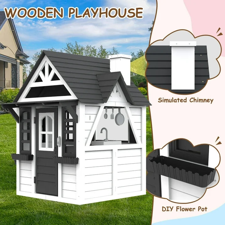 Outdoor Playhouse for Kids Ages 4-8, Wooden Play House with Front Door, Doorbell, Flower Pot Holders, Stove, Sink, Cookware, Windows, Indoor Outdoor Kids Play Equipment Gift for Boys & Girls