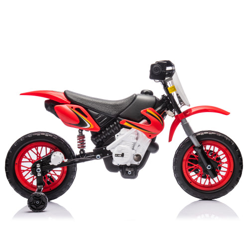 12V Kids Ride On Electric Toy Motorcycle, Rear suspension, Twist Grip Throttle, Slow Start, Removable training wheels, Indie music box with horn and engine, Simulation of dirt bike modeling for kids