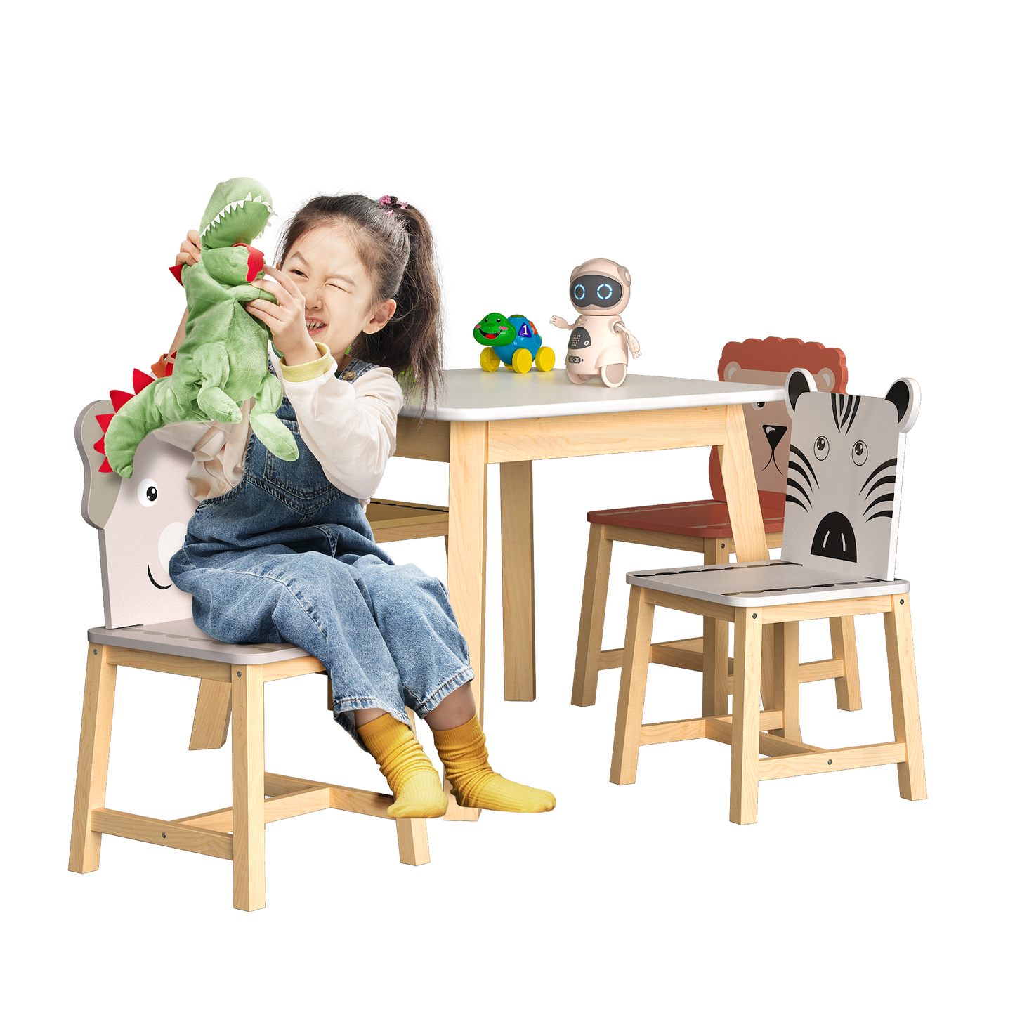 3/5 Piece Kids Table and Chairs Set, Cartoon Wooden Table with 2 Chairs Set for Toddler Children