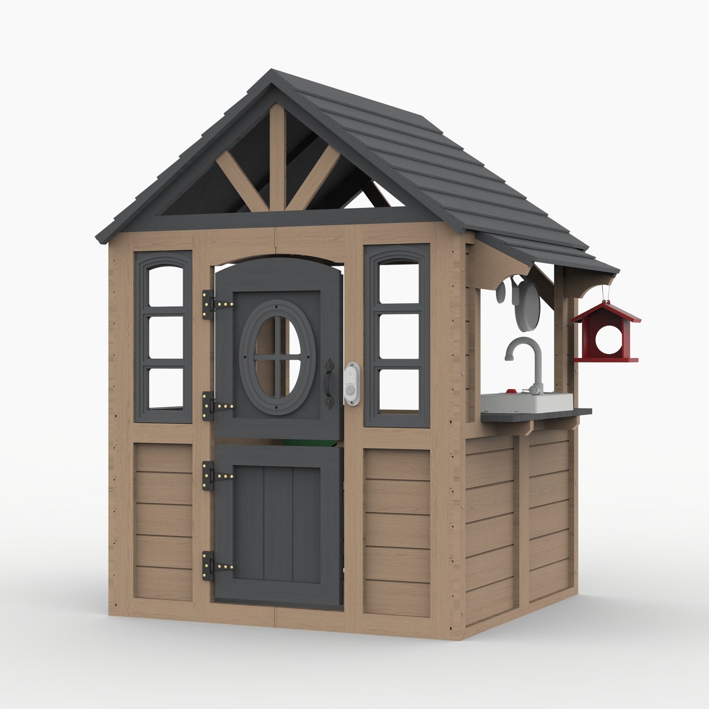 iYofe Outdoor Playhouse, Wooden Kids Playhouse with Play Kitchen, Working Doorbell, Bird Cage, Pet Door, Outdoor Kids Play Equipment Gift for Ages 2+, Brown