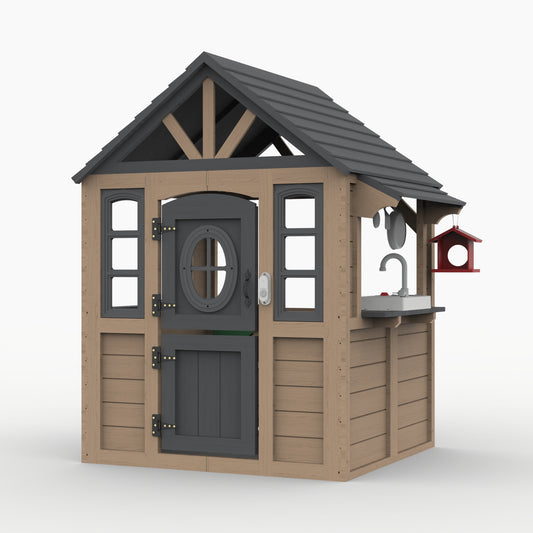 iYofe Outdoor Playhouse, Wooden Kids Playhouse with Play Kitchen, Working Doorbell, Bird Cage, Pet Door, Outdoor Kids Play Equipment Gift for Ages 2+, Brown