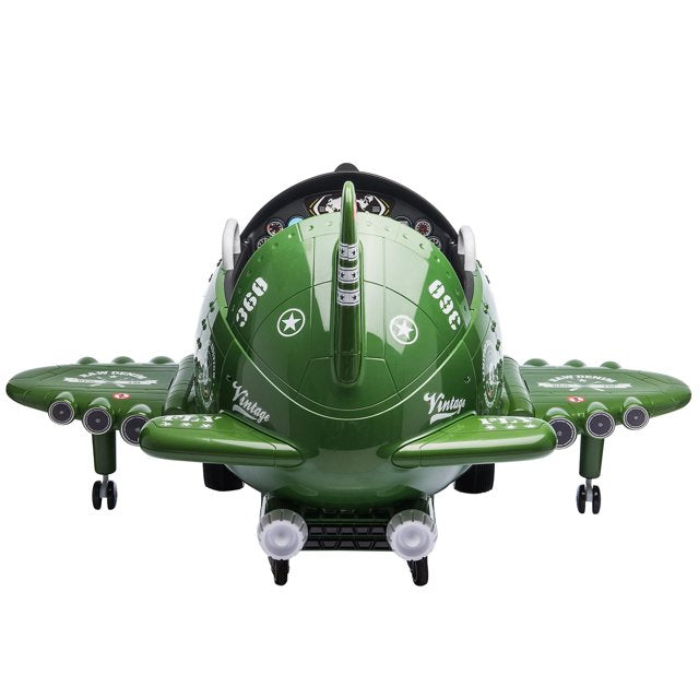 12V Ride on Cars for Kids, Battery Powered Plane Ride on Toy Cars with Remote Control, 360 Degree Rotating by 2 Joysticks, Wind-Driven Propeller, USB, FM, Electric Plane Toy for Boys Girls, Green