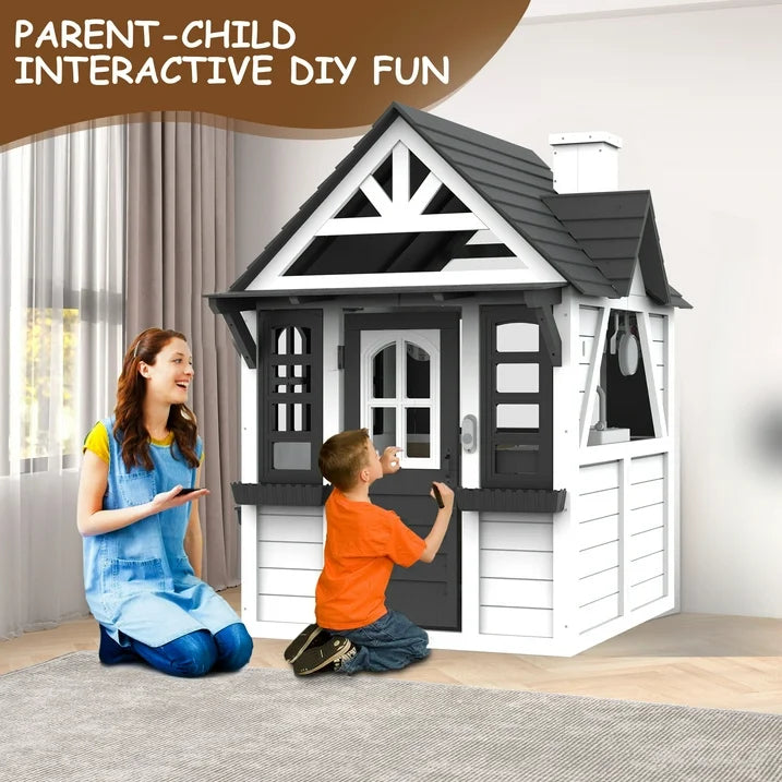 Outdoor Playhouse for Kids Ages 4-8, Wooden Play House with Front Door, Doorbell, Flower Pot Holders, Stove, Sink, Cookware, Windows, Indoor Outdoor Kids Play Equipment Gift for Boys & Girls