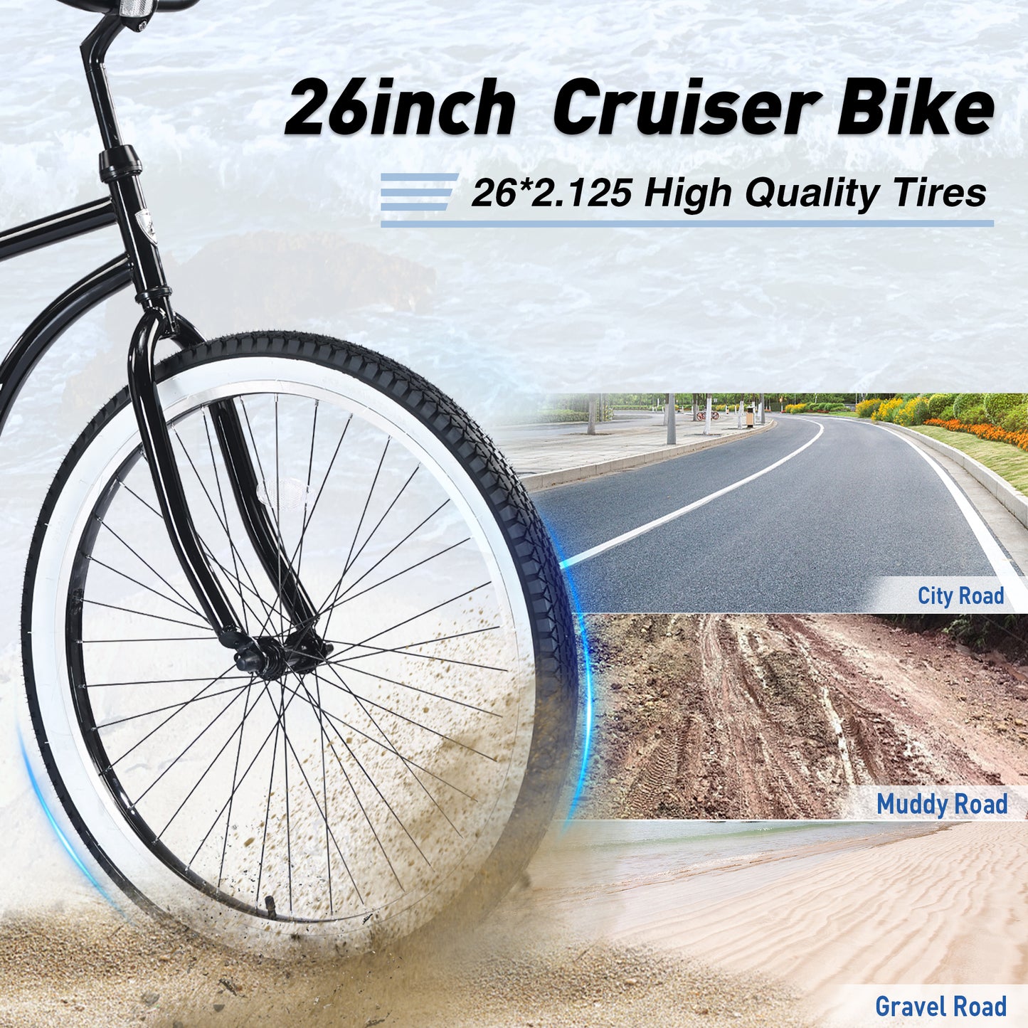 26 inch Adult Beach Cruiser Bike for Men and Women, 7 Speed Cruiser Bicycle with Dual Brakes, City Bike, Commuter Bike, 85% Assembled