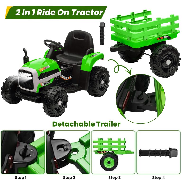 12V Kids Ride on Tractor with Trailer, Sesslife Battery Powered Electric Ride on Car w/ Remote Control, 3 speed, Power display, USB,MP3 , Bluetooth, LED light, Electric Vehicles for Boys Girls, Green