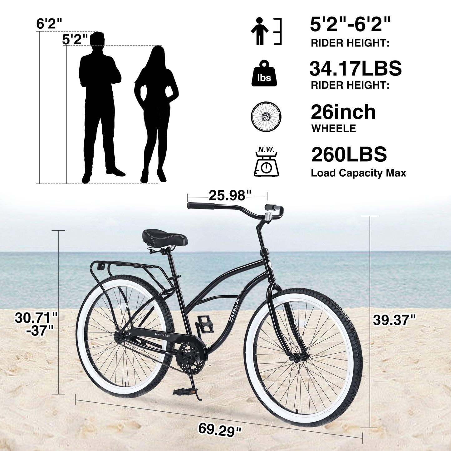 26 inch Adult Beach Cruiser Bike for Men and Women, 7 Speed Cruiser Bicycle with Dual Brakes, City Bike, Commuter Bike, 85% Assembled