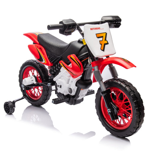 12V Kids Ride On Electric Toy Motorcycle, Rear suspension, Twist Grip Throttle, Slow Start, Removable training wheels, Indie music box with horn and engine, Simulation of dirt bike modeling for kids