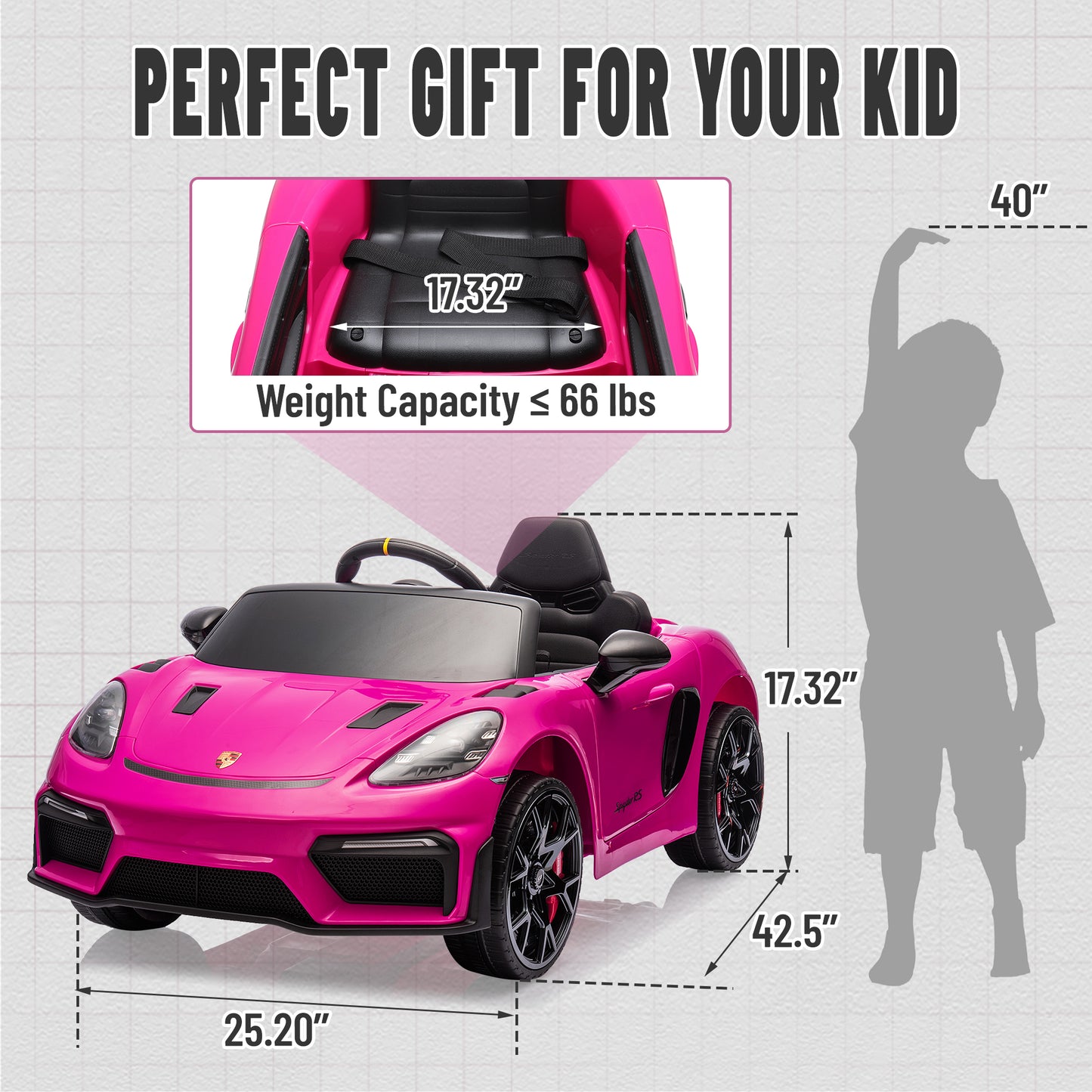 Porsche 718 12V Powered Ride on Toys, Kids Ride on Cars Sports Car with Remote Control, 4 Wheel Suspension, Bluetooth, Music, LED, Safety Belts, Electric Car for Toddler 3-6 Yr Boys Girls Gifts, Pink