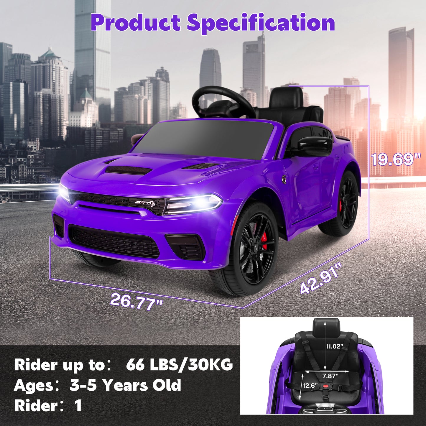 Dodge Electric Ride on Cars for Kids, 12V Licensed Dodge Charger SRT Powered Ride On Toys Cars with Parent Remote Control, Electric Car for Girls 3-5 w/Music Player/LED Headlights/Safety Belt, Purple