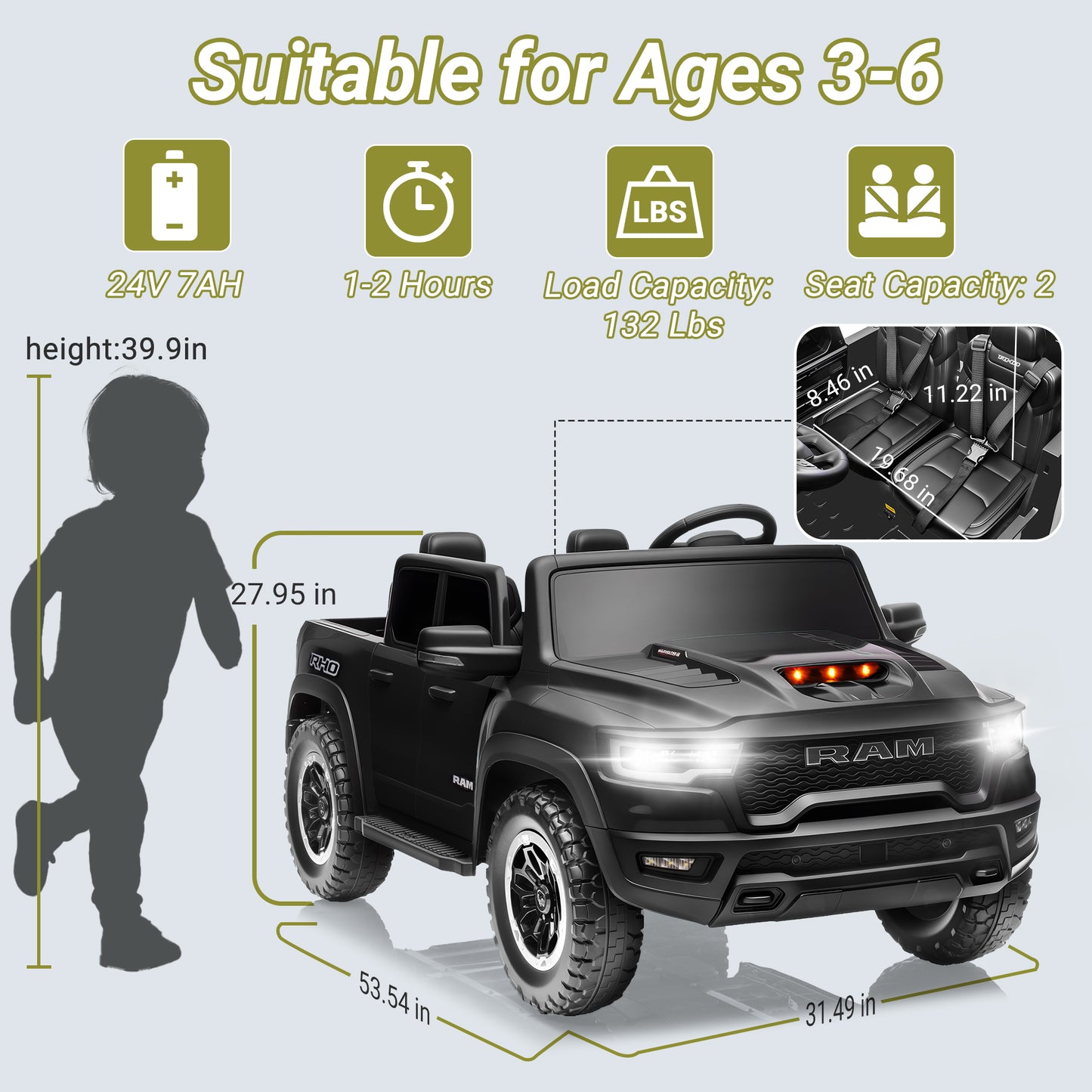 Ram Ride on Car Toys 2 Seater, 24V Ram 1500 Battery Powered Ride on Toy Truck with Remote Control, Electric Car for Kids Girls 3-8 w/ Bluetooth, Rear Storage Trunk, Safety Belt, 4 Wheelers