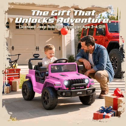 iYofe 12V Ride On Cars for Kids, Licensed Jeep Rubicon Powered Electric Car w/Dual Wheels Suspension, Parent Remote Control, Lights, Music, Ride On Toys for Boys Girls Age 3+, Pink