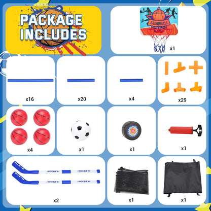 Toddler Basketball Hoop Set, 3-In-1 Arcade Basketball Game Indoor W/ Soccer Goal, Portable Indoor Outdoor Sports Play Toy, Gift for Ages 3-12 Boys Girls Air Pump and 6 Balls Included, 2 Hockey Sticks