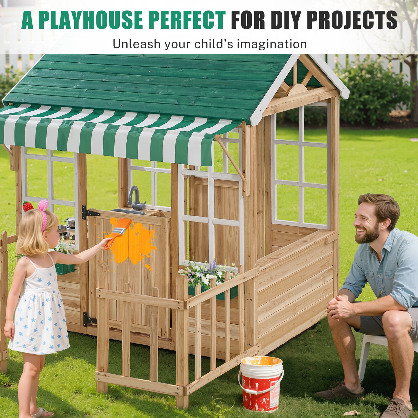 iYofe Outdoor Playhouse, Wooden Play Houses for Toddlers 1-3, Outside Playhouse with KitchenToyset, Flowerpot Holders, Fence (49.5"x62.3"x52.8")