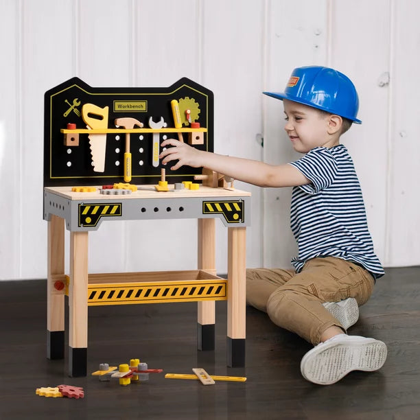 iYofe Wooden Workbench for Kids, Pretend Play Workbench with Tools Kit and Wooden Building Blocks Construction Set, Toddler Learning Toy for Boys Girls Under 3 Yrs Old, Yellow and Black