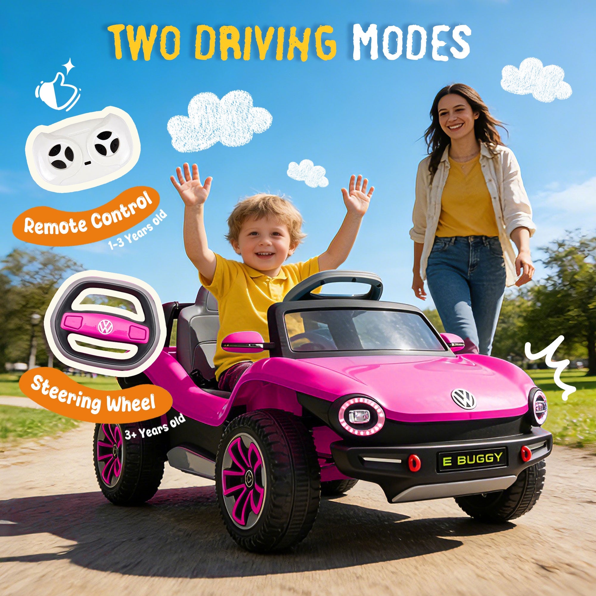 12V Ride on Toys, Licensed Volkswagen Beetle Powered Ride on Cars with Remote Control, Bluetooth, Music, USB Ports, LED Lights, 4 Wheels Suspension, Electric Car for Kids Boys Girls Ages 2-5, Pink