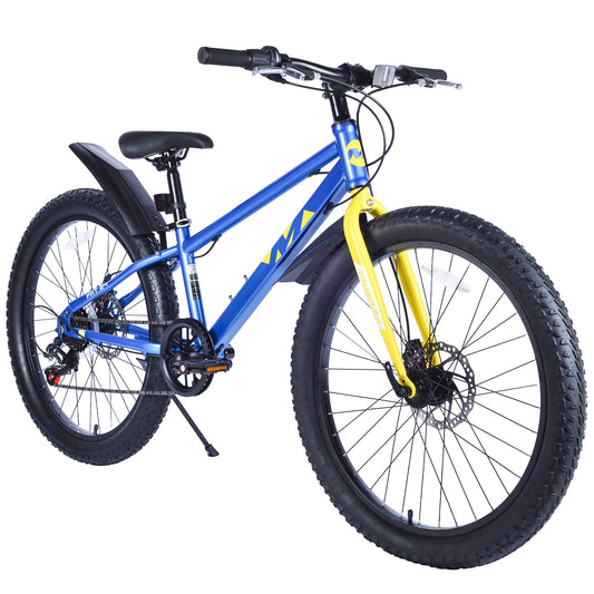 24" Mountain Bikes for Boys Girls, 7 Speed Fat Tire Mountain Bicycle w/ Disc Brakes, Bike for kids Youth Teen Adults, City Bikes Street Suit for Rider Height 56"-66" Ages 10+, 85% assembled (Blue)